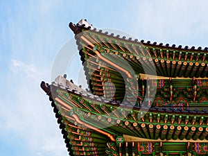 Korean traditional wooden roof. Gyeongbokgung Palace. Seoul, South Korea