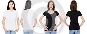 Korean and white woman in blank white and black t-shirt : front and back views, mock up, design template