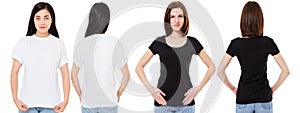 Korean and white woman in blank white and black t-shirt : front and back views, mock up, design template