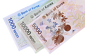 Korean Won currency bills isolated on white background