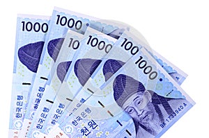 Korea, Korean Won currency bills money isolated on white background