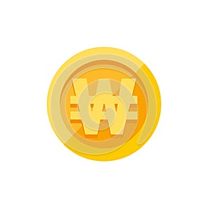 Korean won currency symbol on gold coin flat style