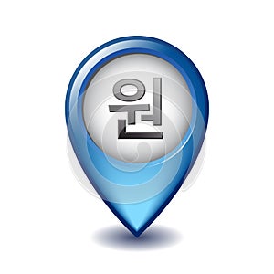 Korean won local symbol on Mapping Marker vector icon.