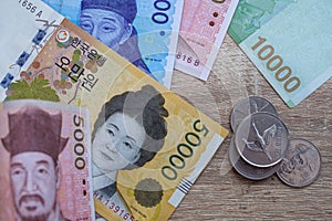 Korean won notes and Korean won coins for money concept background