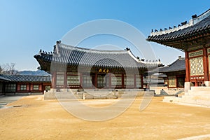 Korean wooden traditional house with black tiles in Gyeongbokgung,  also known as Gyeongbokgung Palace or Gyeongbok Palace, the