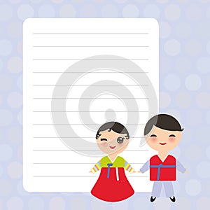 Koreans boy and girl in national costume and hat. Cartoon children Card design with Kawaii with lilac pastel colors polka dot