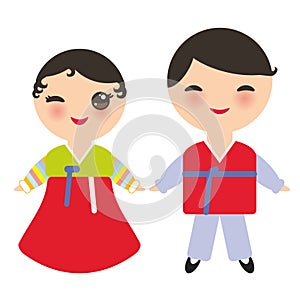 Koreans Kawaii boy and girl in national costume Hanbok Joseon-ot. Cartoon children in traditional South Korea dress isolated on wh