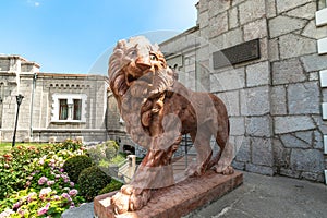 Koreiz, Crimea - July 10. 2019. Terracotta Lion at the entrance to Princes Yusupov Palace