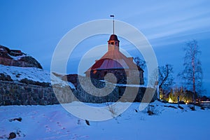 Korela fortress in the February twilight. The tower of Lars Torstensson. Priozersk. Russia