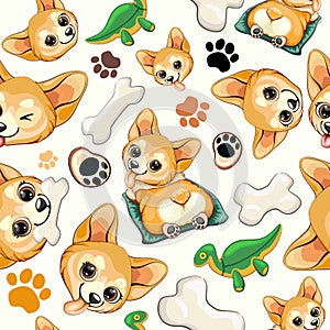 Korgi Pet Puppy Dog Happy and Cute Cartoon Character, bones, Dinoraur Toy, and Paw Prints Vector Seamless Repeat Textile Pattern