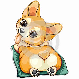 Korgi Pet Puppy Dog Happy and Cute Cartoon Character on his pet cushion mat Vector illustration isolated on white