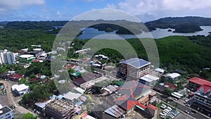 Koror Island in Palau. Koror Cityscape with Street ant Local Architecture. Islets in Background