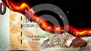 Koruna bill Czech money burning in flames