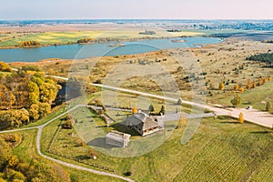 Kosava, Belarus. Memorial Museum-estate Of Tadeusz Kosciuszko. Aerial Bird`s-eye View Of Famous Popular Historic