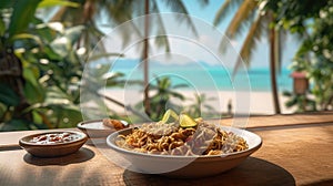 Koshari On A Wooden Table Backdrop Of The Bergue Thailand Cafe. Generative AI