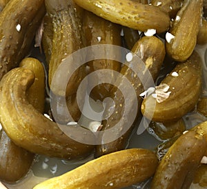 Kosher dill pickles in a barrel