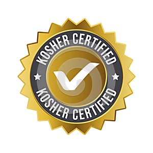 Kosher Food Certified Badge, Rubber Stamp, Emblem, 100 Percent Kosher Product Certified Logo, Label, Food Product Design Elements
