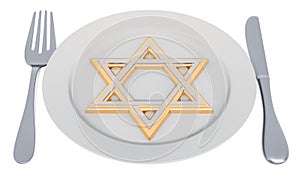 Kosher food concept. Plate with Jewish Star. 3D rendering