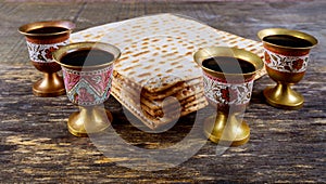 Kosher four glasses wine holiday matzoth celebration matzoh jewish passover bread