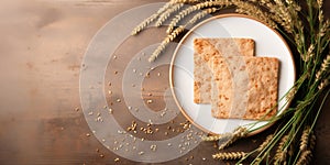 Kosher matzah, matza, matzoth jewish wheat bread and ears of wheat. Top view background with copy space