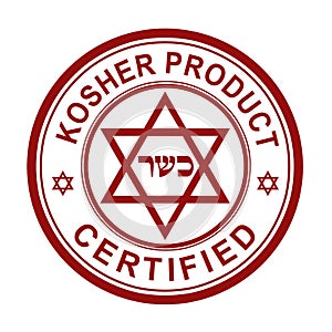 Kosher product round stamp with signs inside. Certified. The sign means also Kosher in Hebrew.