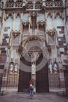 North portal of Saint Elizabeth gothic cathedral in Kosice, Slovakia