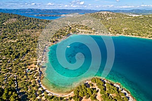 Kosirna beach and turquoise bay on Murter island aerial view