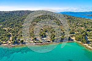 Kosirna beach and turquoise bay on Murter island aerial view