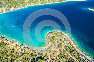 Kosirna beach and turquoise bay on Murter island aerial view