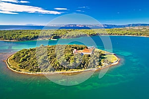 Kosljun. Adriatic monastery island of Kosljun in Punat bay aerial view