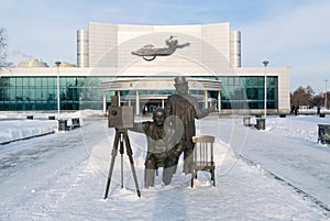 Kosmos theatre and Lumiere brothers sculpture in winter