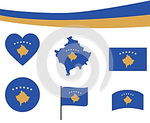 Kosovo Flag Map Ribbon And Heart Icons Vector