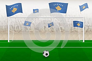 Kosovo football team fans with flags of Kosovo cheering on stadium, penalty kick concept in a soccer match