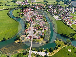 Kostanjevica na Krki Medieval Town Surrounded by Krka River, Slovenia, Europe. Aerial view.