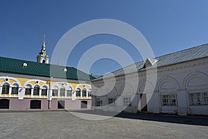 Kostroma beautiful view of the shopping arcade opens from the square, white arcade, bell tower and the dome of the Church