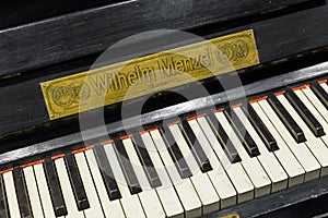 Kostroma, Russia - September 20, 2020: Vintage piano keyboard Vilhelm Menzel in museum