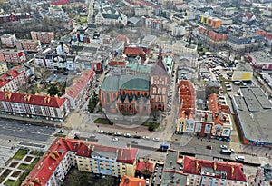 KOSZALIN, POLAND - 06 MARCH 2019 - Aerial view on city Koszalin, area of gothic Cathedral and city center with Zwyciestwa street