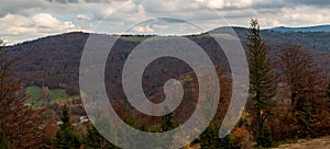 Kotarz hill with Hala Jaworowa meadow from Stary Gron hill in autumn Beskid Slaski mountains in Poland