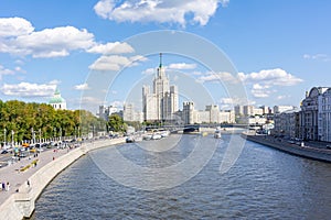 Kotelnicheskaya Embankment Building one of seven Stalin skyscrapers and Moskva river, Moscow, Russia