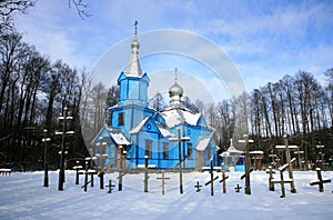 Koterka, blue Orthodox Church in Poland by winter.