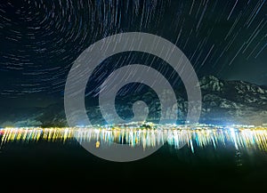 Kotor bay in Montenegro at night. Water reflexions