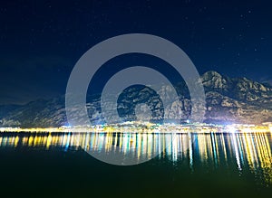 Kotor bay in Montenegro at night. Water reflexions