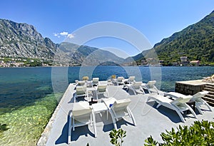 Kotor bay view with sunbeds, Montenegro