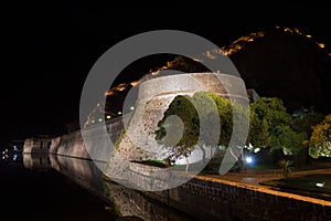 Kotor City Wall Surrounding the Old Town at Night with Relfection