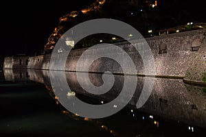 Kotor City Wall Surrounding the Old Town at Night with Relfection