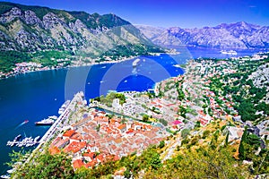 Kotor, Montenegro. Scenit sparkling Bay of Kotor, medieval walled city