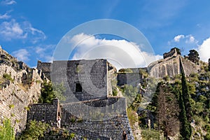 Kotor - Old medieval ruin of castle on Kotor city wall in Montenegro, Balkan Peninsula, Europe