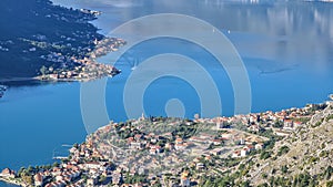 Kotor - Panoramic view of the bay of Kotor in summer, Adriatic Mediterranean Sea, Montenegro, Balkan Peninsula,