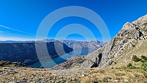 Kotor - Panoramic view of the bay of Kotor in summer, Adriatic Mediterranean Sea, Montenegro, Balkan Peninsula,