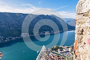 Kotor - Panoramic view from the city walls Kotor bay on sunny summer day, Adriatic Mediterranean Sea, Montenegro